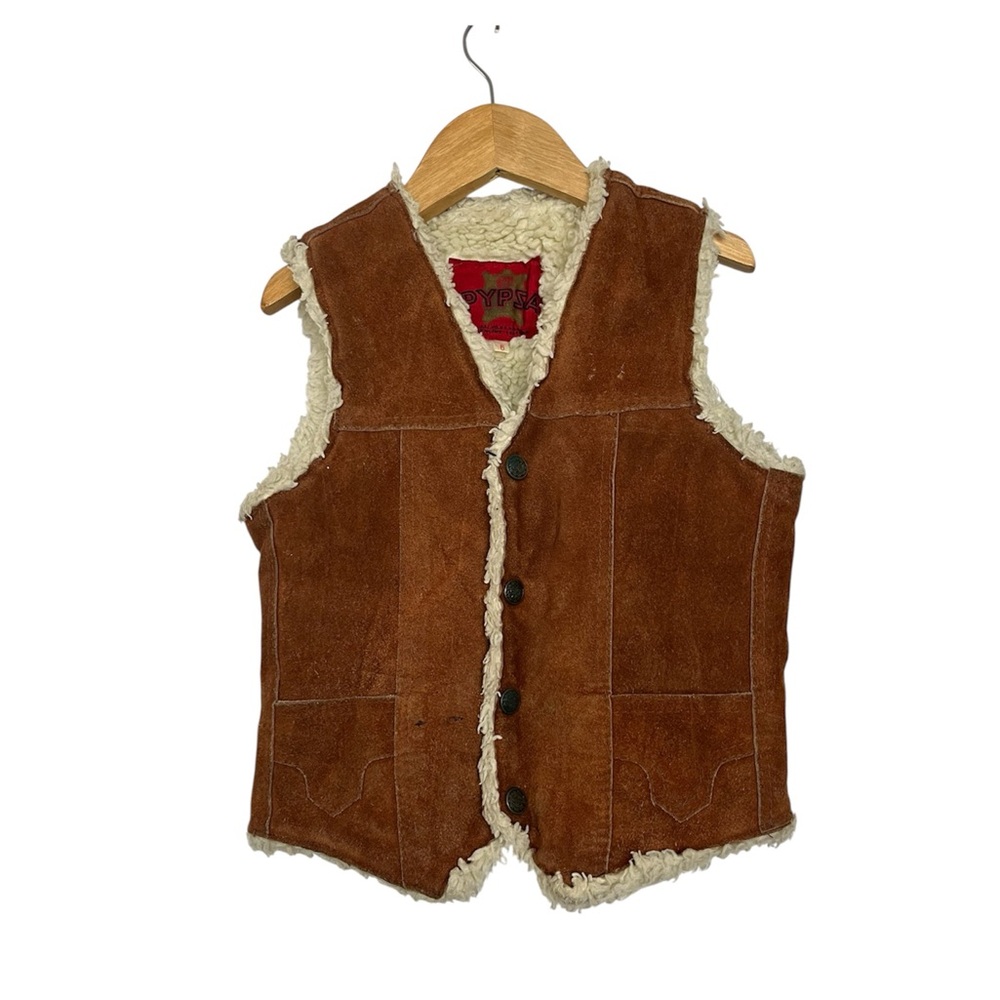 Vintage Pypsa Genuine Leather Suede Sherpa Boy's Western Vest Youth Size 6 Brown